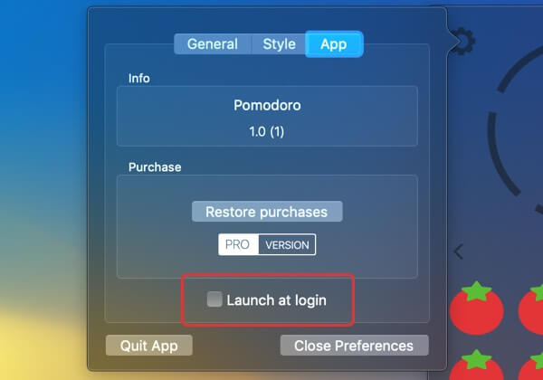 Lauch at login settings
