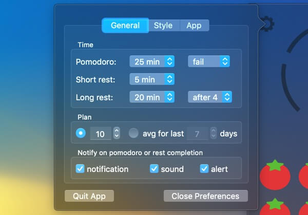 Timers settings window